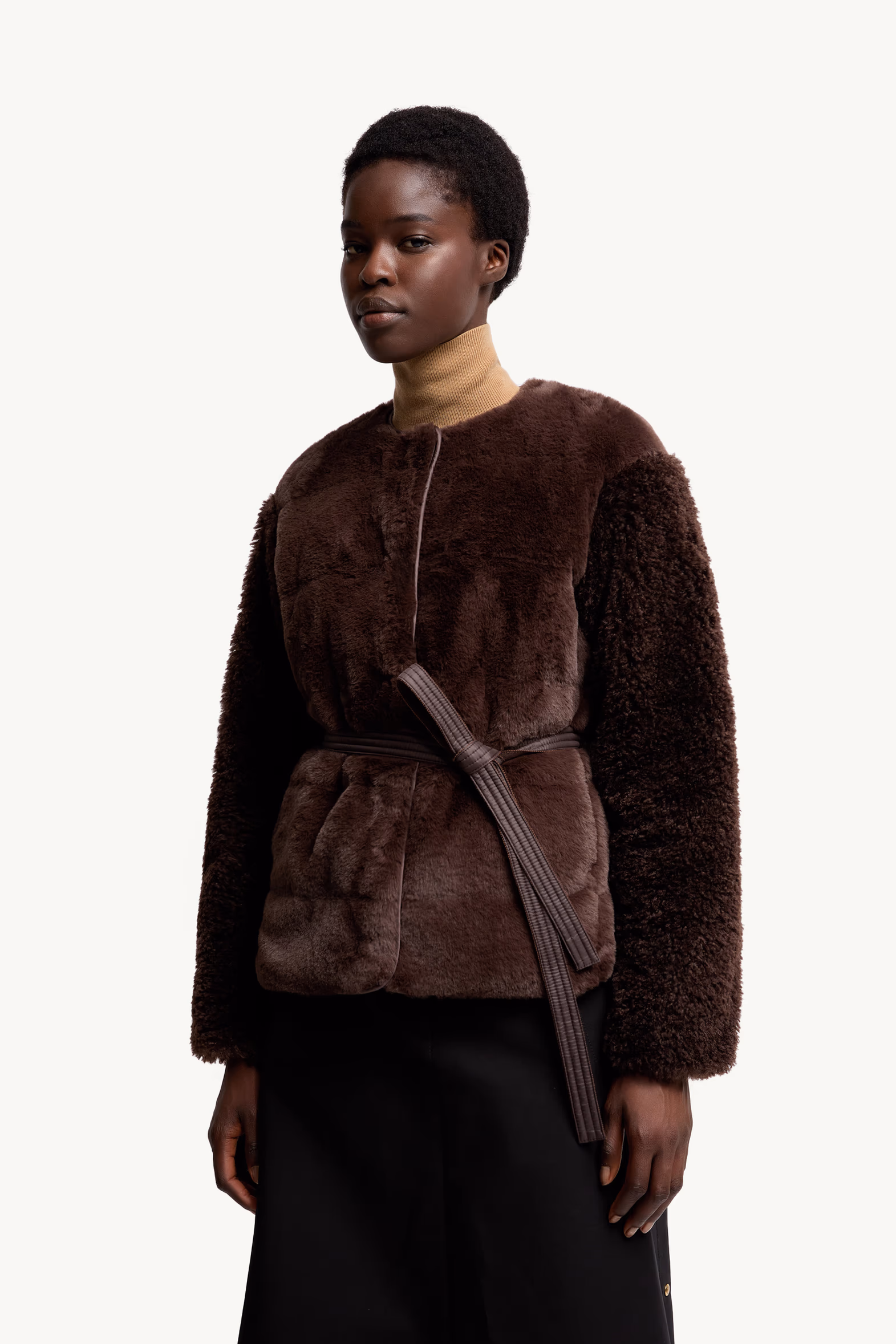Jouillat Faux Fur & Teddy Short Down Jacket Women Dark Brown Moncler 3